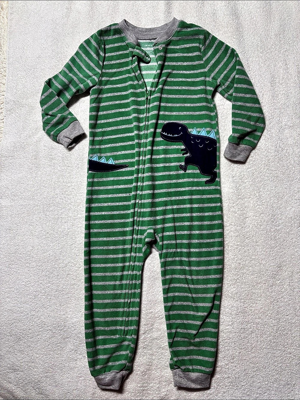 Carter's Toddler Striped Dinosaur Fleece Footed Pajama Sleeper in Green & Gray